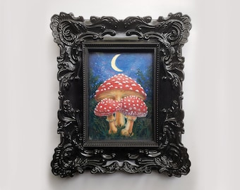 Mushroom Oil Painting with Gold Leaf Moon - Handmade Amanita Muscaria Art - Goblincore Shrooms Decor - Small 5x7 Framed Original Artwork