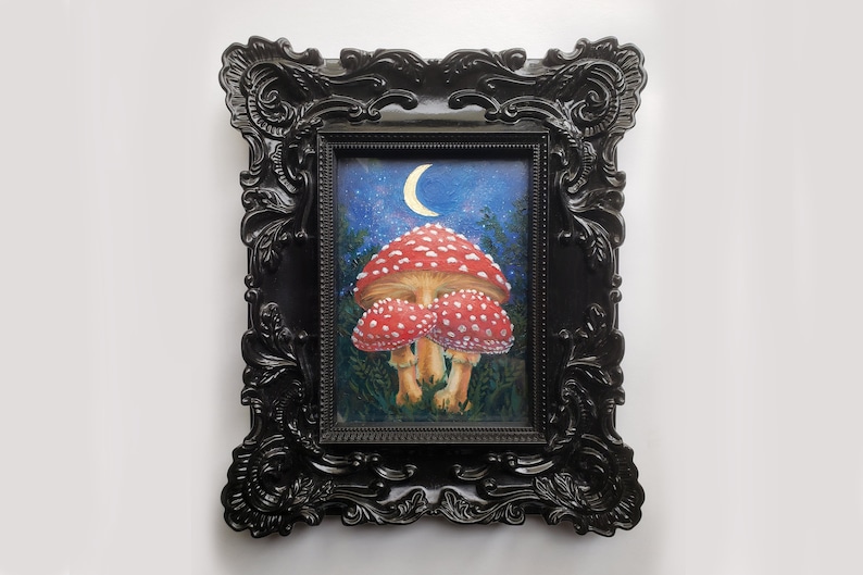 Mushroom Oil Painting with Gold Leaf Moon Handmade Amanita Muscaria Art Goblincore Shrooms Decor Small 5x7 Framed Original Artwork image 1