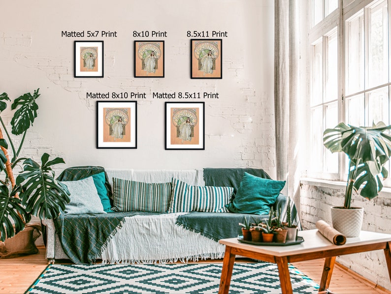 May include: A living room interior with a couch, a coffee table, and a white brick wall. There are four framed prints of a woman in a dress on the wall, with the dimensions of each print listed below the frame. The prints are in various sizes, including 5x7, 8x10, and 8.5x11 inches.