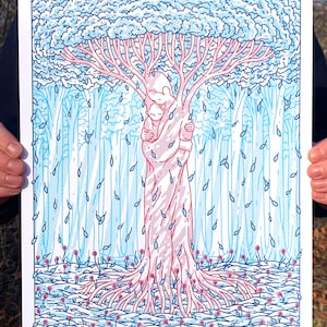 May include: A blue and pink illustration of two figures embracing, forming the shape of a tree with roots and leaves. The figures are surrounded by a forest of trees and falling leaves.