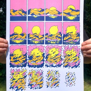 Golden Morning Risograph Print. 11&quot; x 14&quot; 4 Color Illustration.  Sun Rising Over The Mountains.