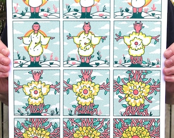 May include: A colourful illustration showing a person transforming into a flower. The person begins with arms outstretched, then their body becomes a flower with pink stems and yellow petals. The background is a light blue with white clouds.
