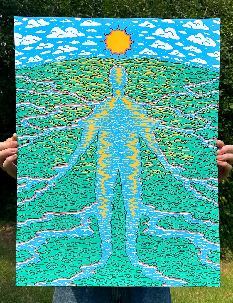 Puede incluir: Una impresi&oacute;n de arte psicod&eacute;lica que presenta una figura humana delineada en amarillo contra un cielo azul con nubes blancas. La figura est&aacute; compuesta por remolinos y l&iacute;neas verdes y azules, creando un dise&ntilde;o &uacute;nico y abstracto.
