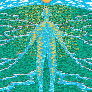 Puede incluir: Una ilustraci&oacute;n estilizada de una figura humana delineada por un paisaje. La figura est&aacute; llena de un patr&oacute;n azul y amarillo, mientras que el paisaje es verde con r&iacute;os y arroyos azules. Un sol amarillo con un efecto de estrella est&aacute; en la parte superior de la imagen.