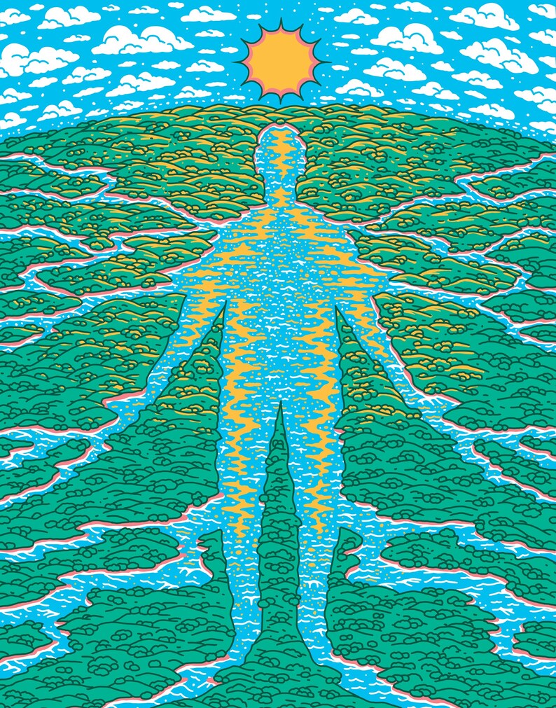 Puede incluir: Una ilustraci&oacute;n estilizada de una figura humana delineada por un paisaje. La figura est&aacute; llena de un patr&oacute;n azul y amarillo, mientras que el paisaje es verde con r&iacute;os y arroyos azules. Un sol amarillo con un efecto de estrella est&aacute; en la parte superior de la imagen.