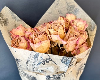 Dried Roses Bouquet, 14 Roses, Pink - Yellow Roses Natural Air Dried, Wrapped Bouquet, Real Roses Bunch, Dual Color Dried Roses Arrangement