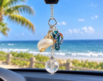 Seashell Car Charm with Flip Flop and Crystal, Beach Rearview Mirror Decor
