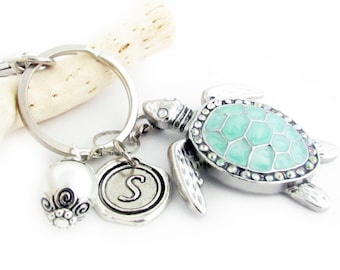 Sea Turtle Keychain: Aqua Rhinestone Charm, Initial Keyring