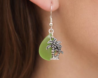 Dangle Earrings: Palm Tree Charm - Sea Glass, Beach Style