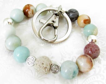 Amazonite Keychain Bracelet, Diffuser Bracelet Keychain, Wrist Keychain, Wristlet Keychain, Mother's Day Gift for Mom