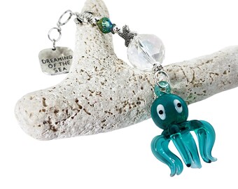 Teal Glass Octopus Sun Catcher, Car Rearview Mirror Accessory, Birthday Gift for Teens