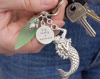 Mermaid with Sea Glass Keychain, Beach Gifts for Women