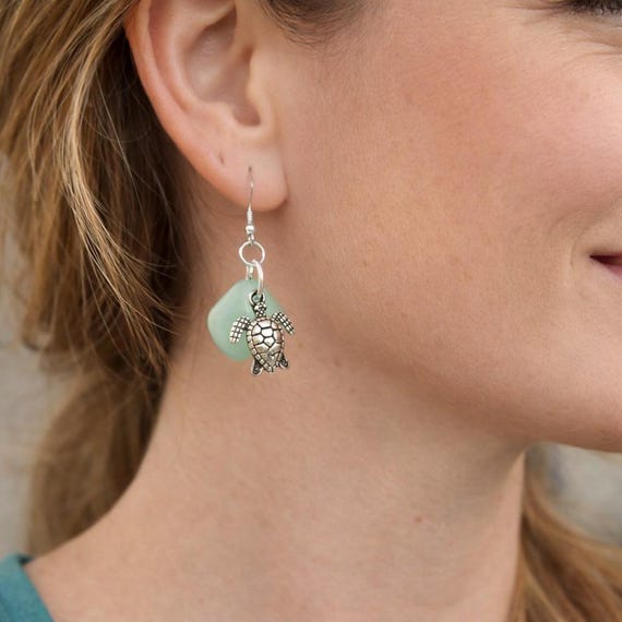 Sea Turtle Earrings,  Ocean Life Beach Glass Starfish Jewelry