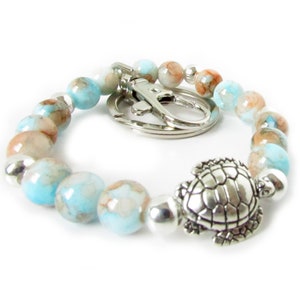 Turtle Keychain Bracelet: Mottled Glass Beads, Silver Charm