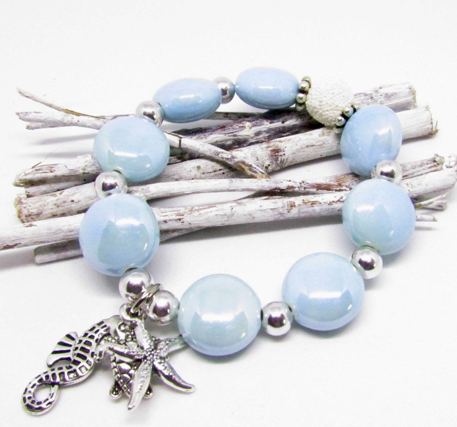 Beach Charm Bracelet Blue Stone Bracelet Essential Oil Charm Etsy
