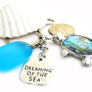 Sea Turtle Keychain, Sea Glass Keychain, Beach Glass Keychain, Beach Keychain, Abalone Shell Turtle, Birthday Gift, Beach Gifts for Women