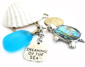 Sea Turtle Keychain, Sea Glass Keychain, Beach Glass Keychain, Beach Keychain, Abalone Shell Turtle, Birthday Gift, Beach Gifts for Women