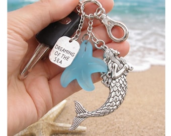 Mermaid Keychain, Sea Glass Starfish, Coastal Keyring