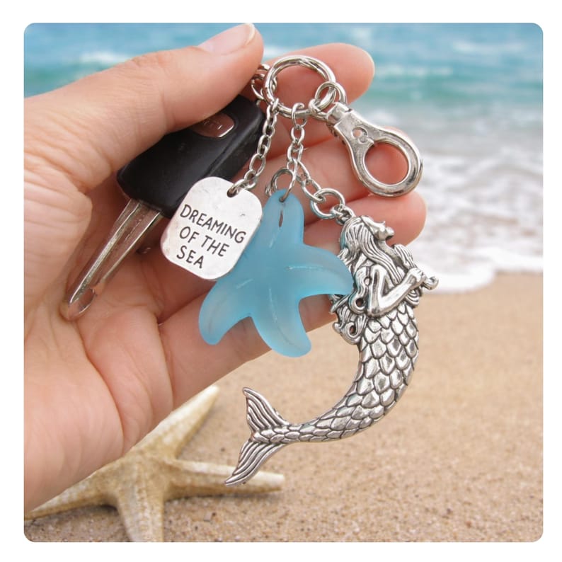 Mermaid Keychain, Sea Glass Starfish, Coastal Keyring image 1