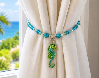 Seahorse Beaded Curtain Tieback, Blue Green Coastal Window Decor