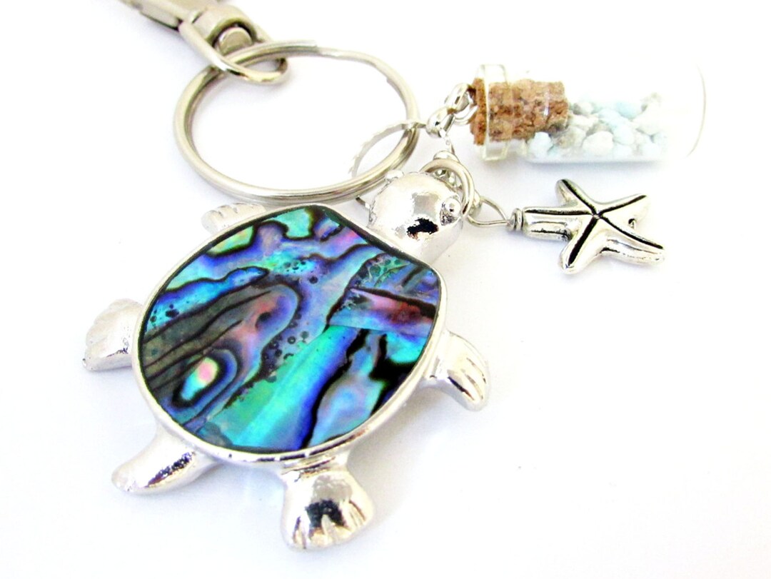 Abalone Sea Turtle Keychain With Beach Bottle and Starfish Charm - Etsy
