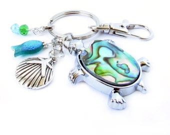 Sea Turtle Keychain, Sea Glass Keychain, Shell Keychain, Beach Keychain, Shell Turtle Keychain, Beach Gift, Birthday Gifts for Her