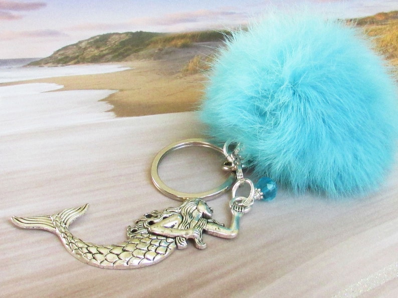Mermaid Pom Keychain Mermaid Keychain Fluffy Keychain Blue Etsy