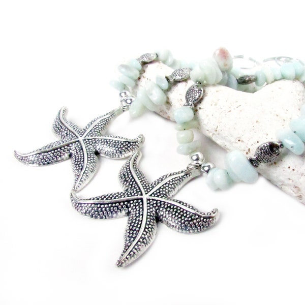 RESERVED: Starfish Curtain Tie Backs with Natural Stone Beads - Coastal Home Decor