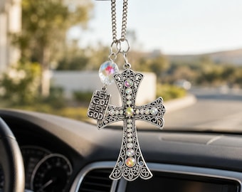 Rhinestone Cross Rear View Mirror Charm: Religious Car Suncatcher, Christian Gift, Gift for Mom