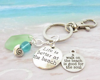 Seaglass Keychain, Snail Charm, Beach Quote Pendant, Beach Lover Gift