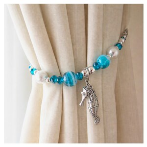 Seahorse Curtain Tiebacks - Beach Cottage Style with Teal Beads