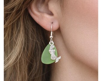 Mermaid and Sea Glass Earrings, Dainty Beach Jewelry