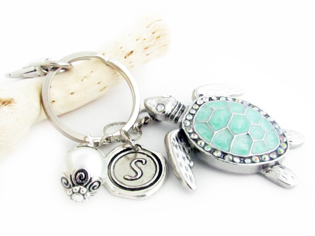 Sea Turtle Keychain: Aqua Rhinestone Charm, Initial Keyring - Etsy
