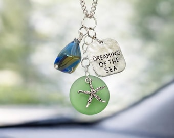 Sea Glass Starfish Car Charm: Beach Quote Rear View Mirror Ornament