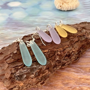 Sea Glass Tear Drop Earrings, Beach Jewelry, Drop Earrings, Beach Gifts for Women, Blue Yellow Lilac Beach Glass Dangle Earrings