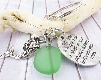 Mermaid Keychain with Sea Glass and Beach Quote - Rearview Car Charm - Birthday Gifts for Her - Mermaid Gift - Mother's Day Gifts for Her