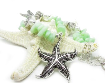 Sea Glass and Starfish Curtain Tie Backs, Nautical Decor, Beach Decor, Curtain Holdbacks, Ocean Decor