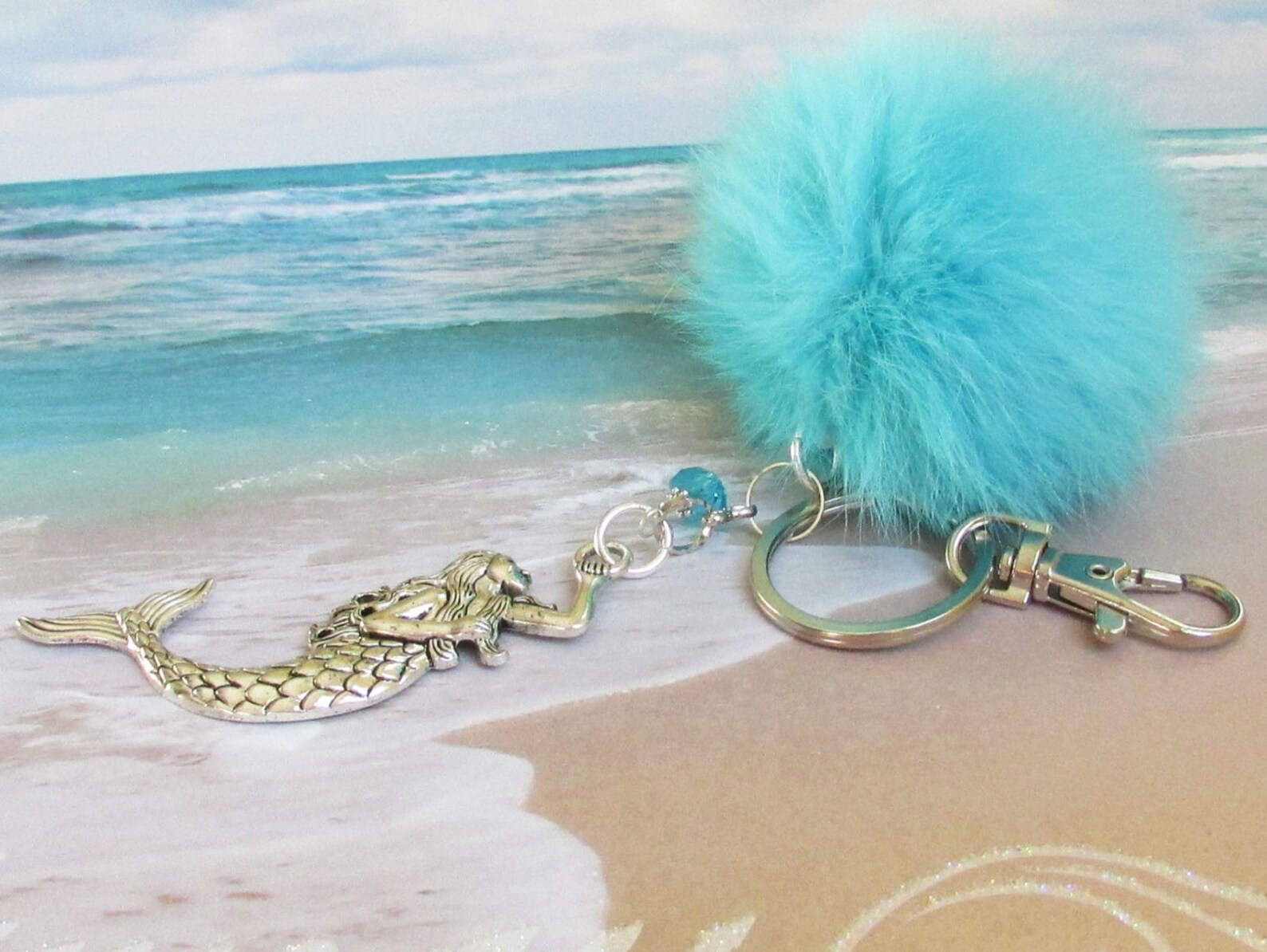Mermaid Pom Keychain Mermaid Keychain Fluffy Keychain Blue Etsy