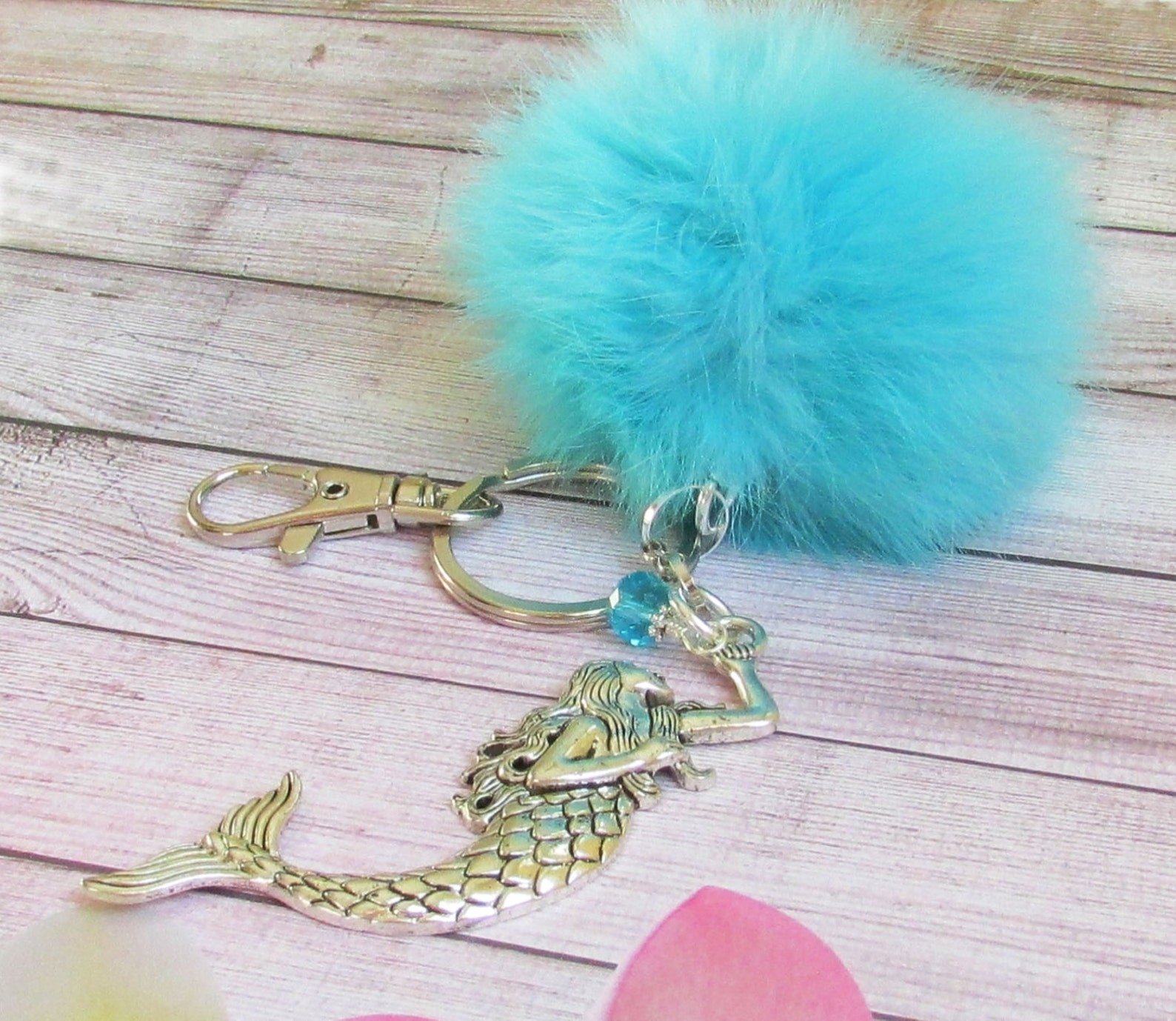 Mermaid Pom Keychain Mermaid Keychain Fluffy Keychain Blue Etsy