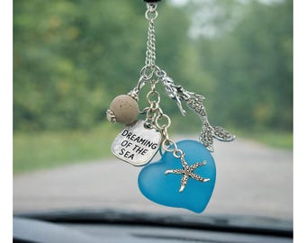 Colgante de sirena para espejo retrovisor: Corazón de cristal marino, difusor de aceites esenciales para coche