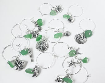 RESERVED: Sea Glass Wine Glass Charm Set, Set of 13 Beach Charms for Wine Glass, Wine Accessories, Bar Accessories, Wine Gifts