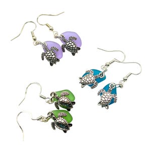 Sea Turtle Earrings, Ocean Life Beach Glass Starfish Jewelry Purple turtles