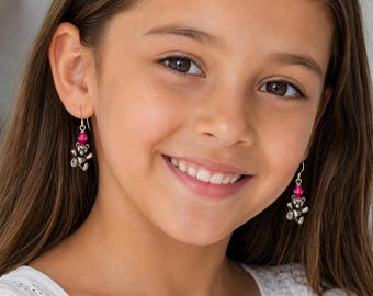 Pendientes de osito de peluche, colgantes de cristal rosa, joyería infantil, bonito regalo para niñas.