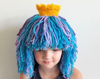 Sombrero de princesa, Peluca de hilo, Sombrero con corona, Sombrero divertido, Sombrero de disfraz, Sombrero de peluca, Sombreros para niños, Peluca de crochet, Sombrero de Halloween, Accesorio para fotos, Sombrero de invierno