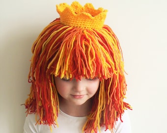 Yarn Wig, Hat with Crown, Princess Hat, Costume Hat, Wig hat, Kids Hats, Crochet Wig, Halloween Hat, Funny Hat, Photo prop, Winter hat