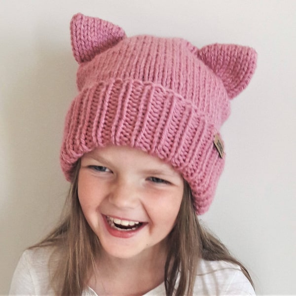 Cat Beanie, Cat Ears Hat, Kitty Hat, Girls Outfit, Winter Hat, Pink Hat, Animal Hat, Knit Winter Hat, Girls Accessories,  Pink Pussy Cat Hat