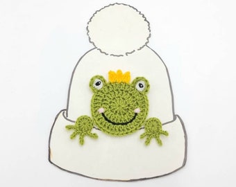 Frog Applique, Crochet Frog, Frog Prince, Hat Applique, Animal Motif, Sewn on Applique, Green Frog, Craft supplies, Handmade Applique