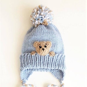 Teddy Bear Hat, Toddler Winter Hat, Kids Hat, Earflap Hat, Pom Pom Hat, Knit Winter Hat, Boys Hat, Cute Girls Outfit,  Animal Hat, Bear Hat