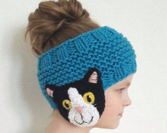 Knit Headband, Cat Headband,  Ear Warmer, Messy Bun Hat, Cat Lover Gift, Kids Outfit, Winter Outfit, Girls Accessories, Head Wrap, Earmuffs