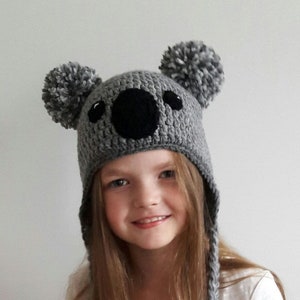 Koala Hat, Crochet hat, Kids Outfit, Baby Hat, Women Hat, Cute Kids Hat, Earflap Hat, Pom Pom Hat, Winter Outfit, Hat with Braids, Teens hat image 1